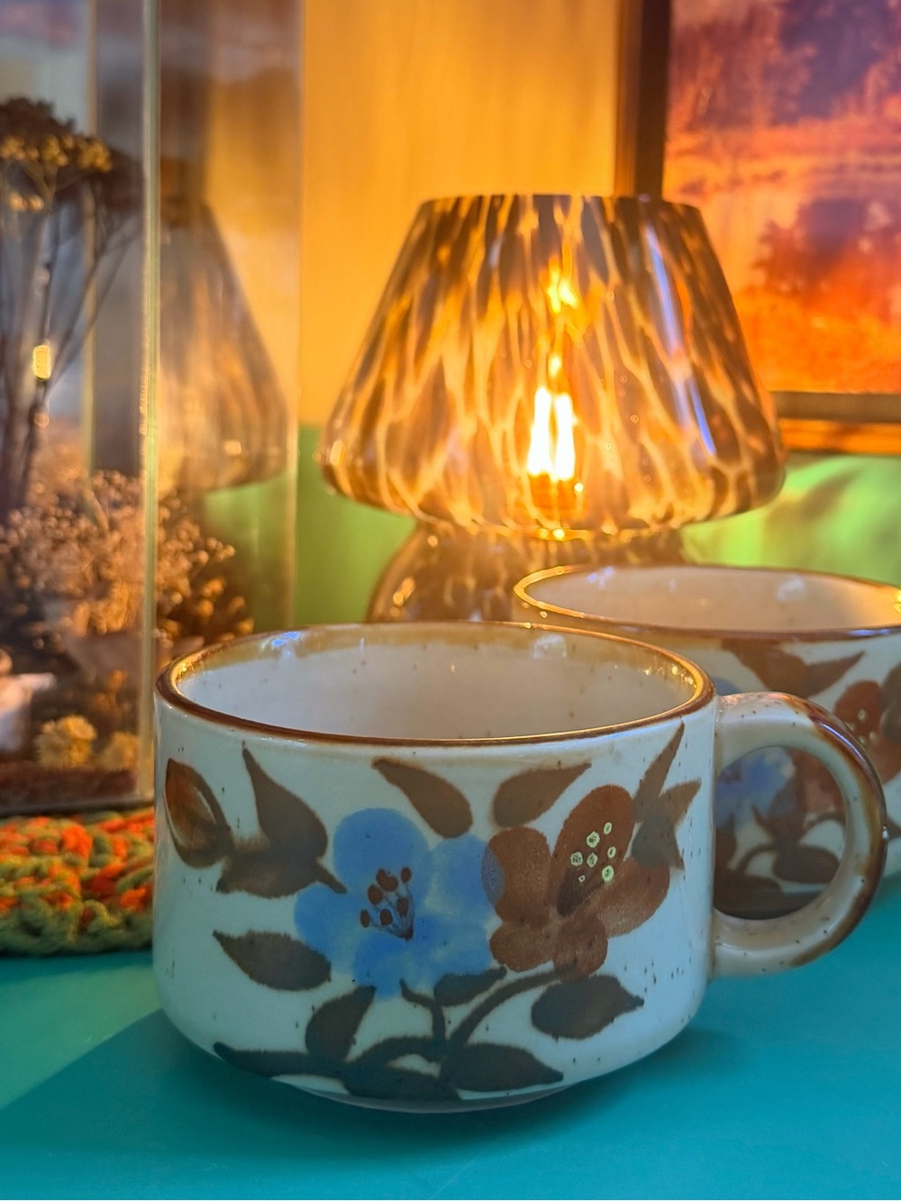 🌿 Vintage Brown and Powder Blue Floral Coffee Mug Set 🌿